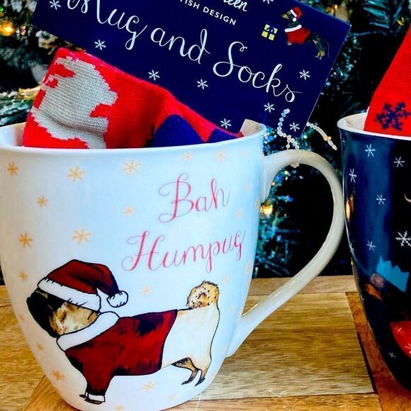 NWT Pug Dog “Bah Humpug” Christmas Mug Socks Gift Set - Picture 1 of 4